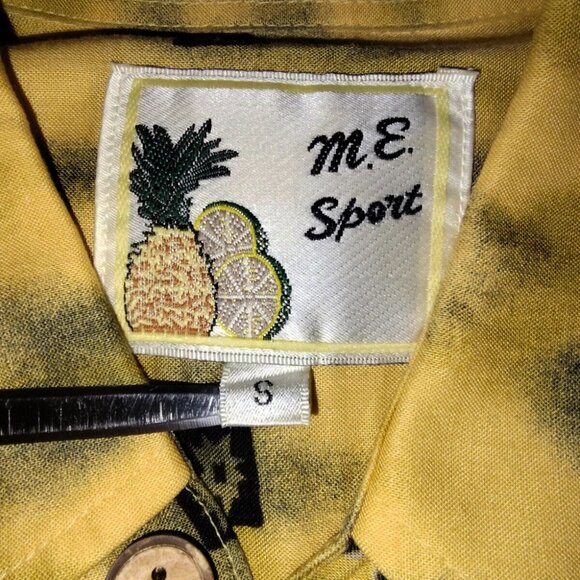 M. E.‎ Sport Hawaiian Style Shirt Small Yellow Woody's Auto & Palm Trees - Picture 2 of 6